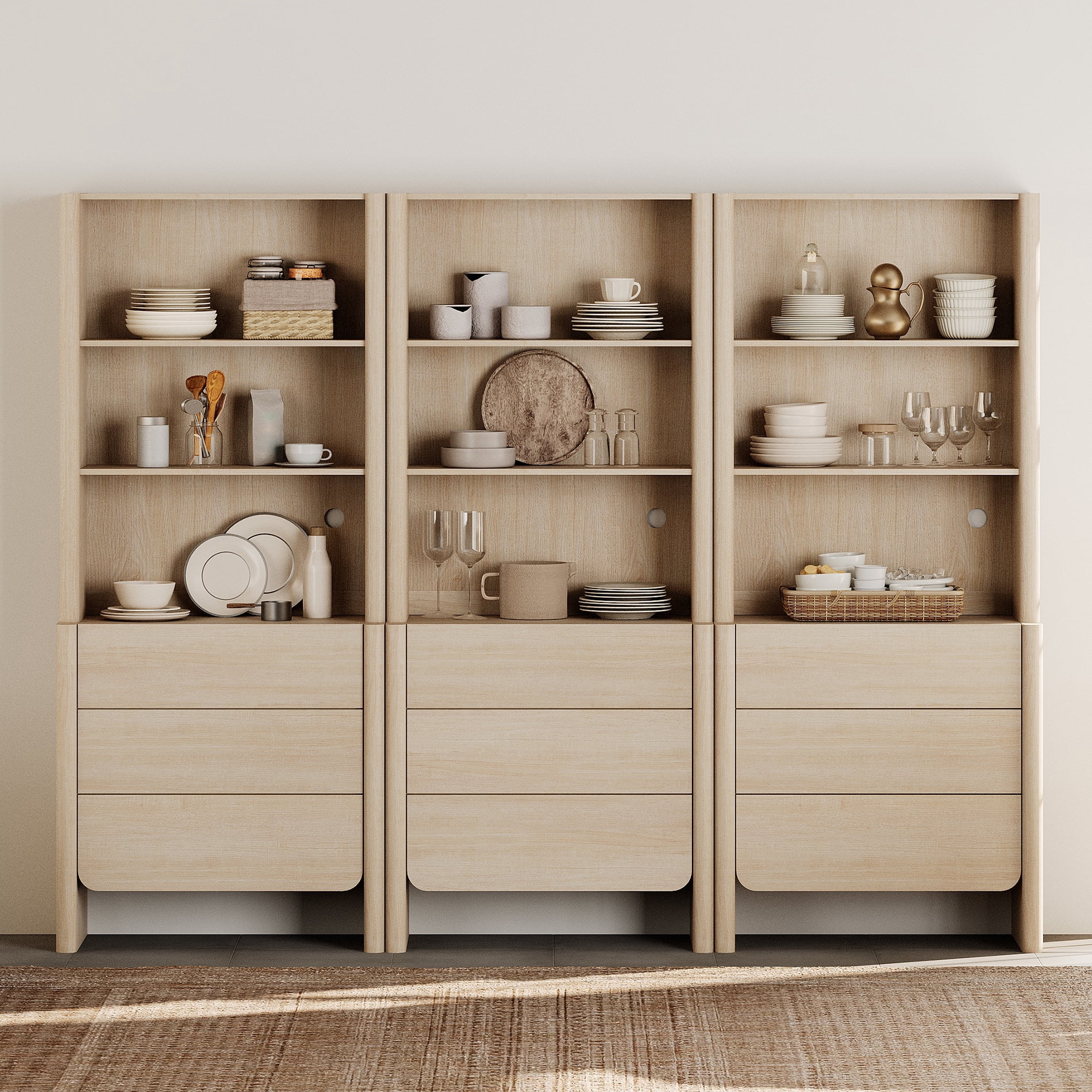 94.5-Inch Modern French Bookcase with Curved Edges, 9 Drawers and Open Shelving, 72.8" Tall, Beige