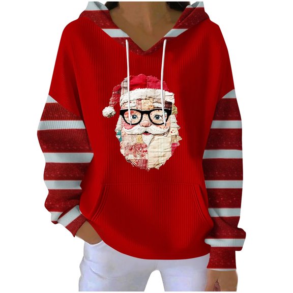 Generic Women’s Christmas Hooded Sweatshirt Print Striped Long Sleeves Fall Winter Pullover Casual Loose Top with Pocket