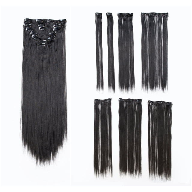 SWACC Extensiones de cabello sintético con clip para mujer, 22 pulgadas, cabeza completa recta, 7 piezas separadas, resistentes al calor (gris)