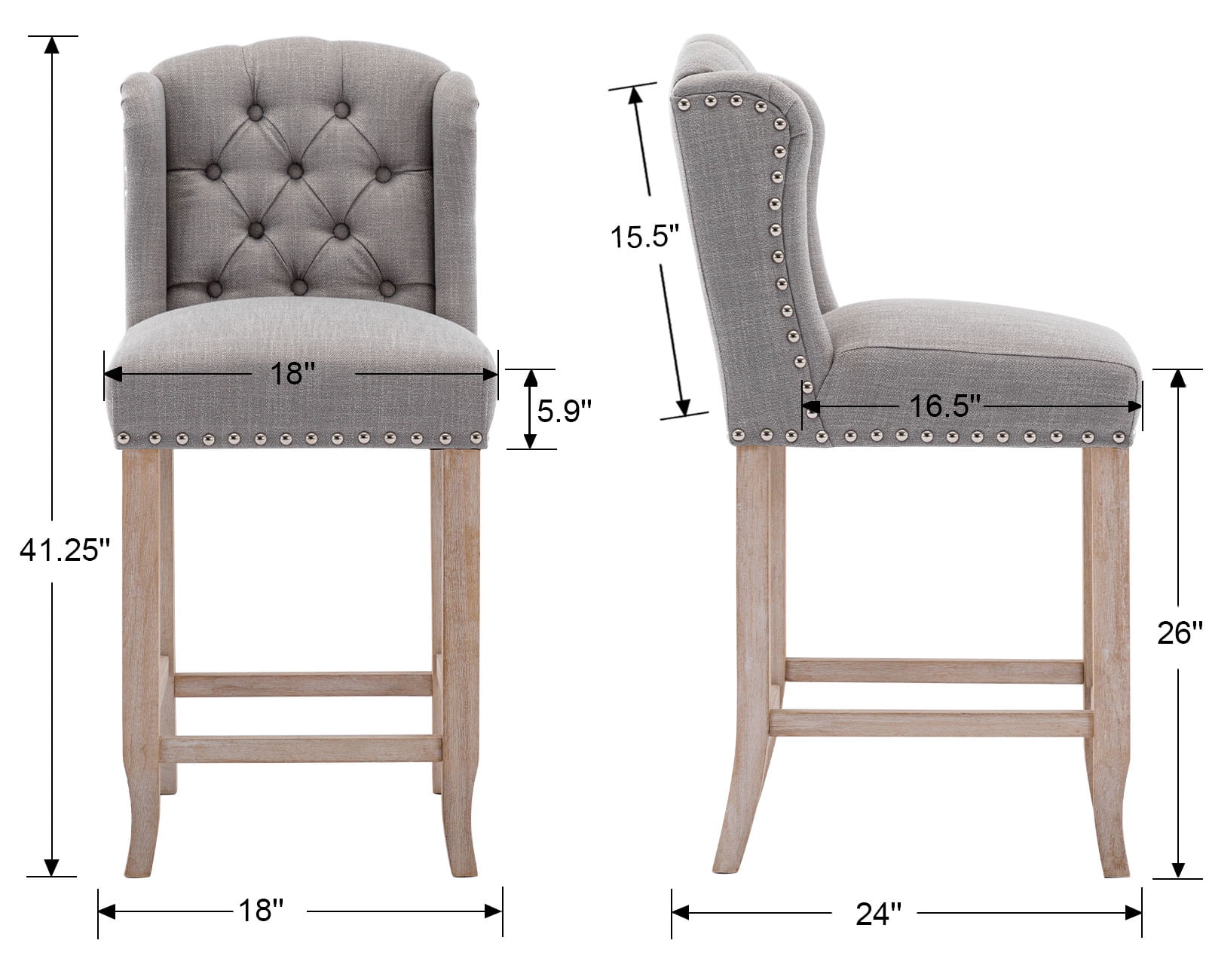 Guyou Modern Tufted Bar Stool Set of 2, 26" Counter Height Bar Stool with Back and Nailhead Trim, Linen Upholstered Solid Wood Kitchen Island Chair Barstools for Bar Restaurant Cafe Dining Room, Grey