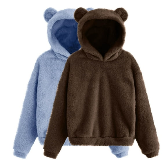 Wancir 2PC Women Kawaii Hooded Bunny Ear Sweatshirt Solid Color Long Sleeve Tops Sweet Lovely Sweater