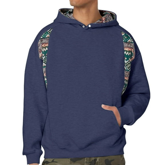 KHONTS Men's Boho Patchwork Hooded Sweatshirt Ethnic Pattern Hoodie Casual Baggy Pullover Sweatshirt with Pocket Navy XL