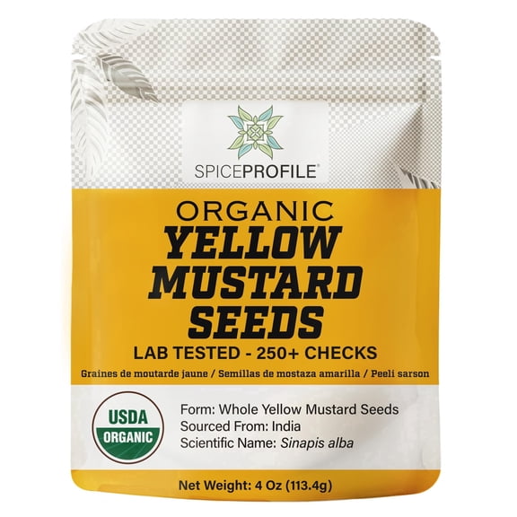 Spice Profile USDA Organic Yellow Mustard Seeds, Lab Tested for Heavy Metals, Resealable 4oz Pouch, Sarson, Semillas de Mostaza Amarilla