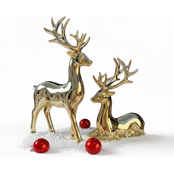 Korvotech Large Champagne Gold Reindeer Figurines, 2-Piece Solid Resin Deer Statues for Home Décor, Tabletop & Mantel Accent