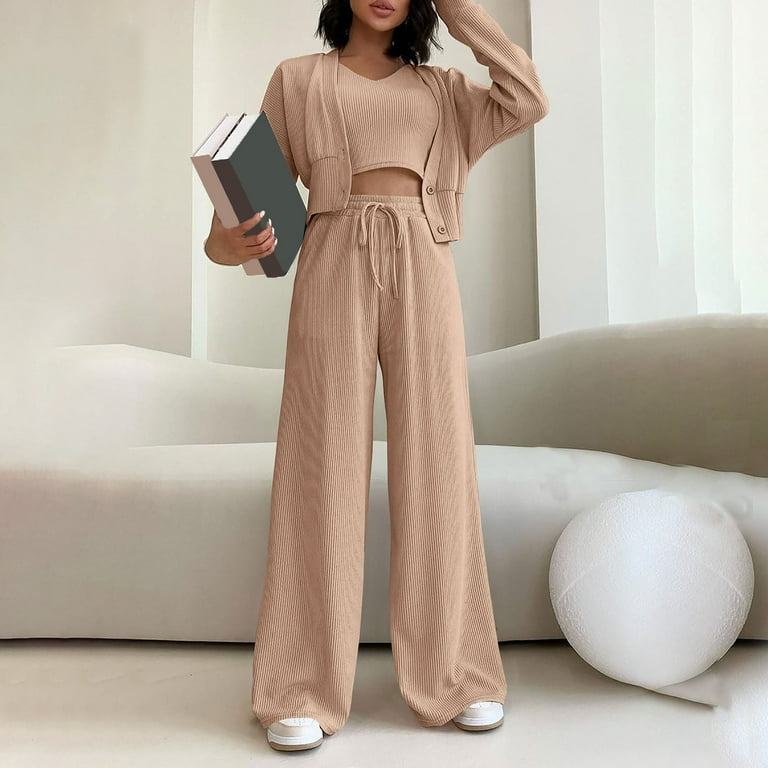 CROSTRITON Women's 3-Piece Ribbed Lounge Set – Long Sleeve Cardigan, Crop Top & Elastic Pants, Comfy Outfit For Home Or Casual Wear