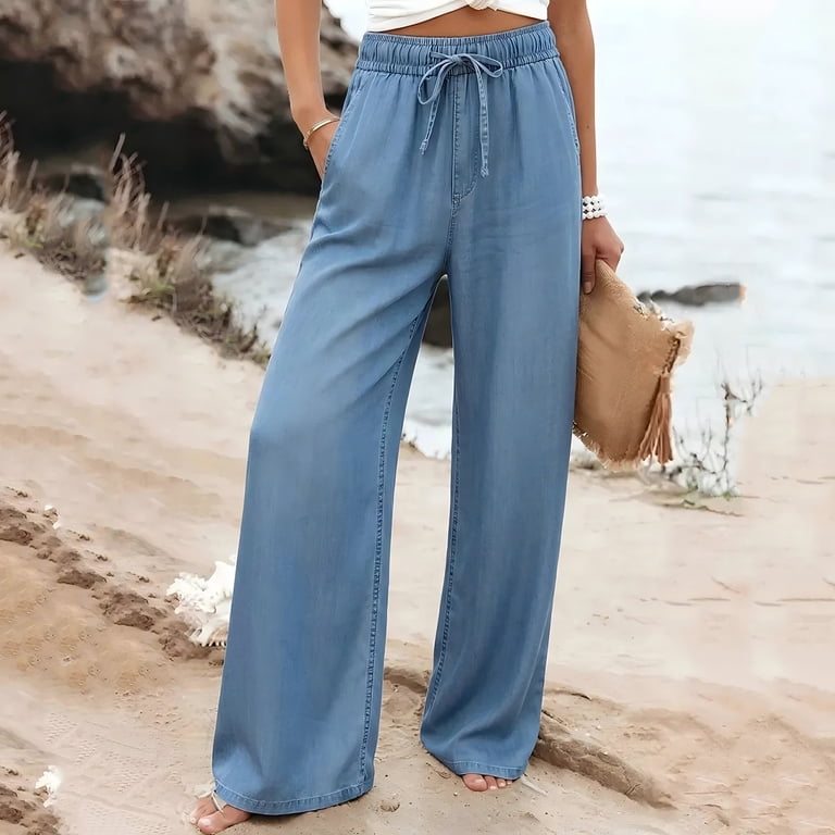 Yuanlook Women's Drawstring Waist Tencel Denim Wide Leg Pants