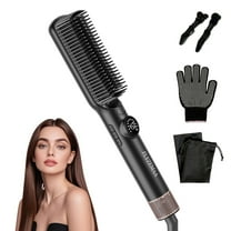 FLYZEMAA Hair Straightener Brush 2 in 1 Straightening Brush for Women with 7 Temps, Dense Bristles Anti-Scald Hot Comb for Thick Curly Hair Negative Ions, Dual Voltage, LCD Display(Black)