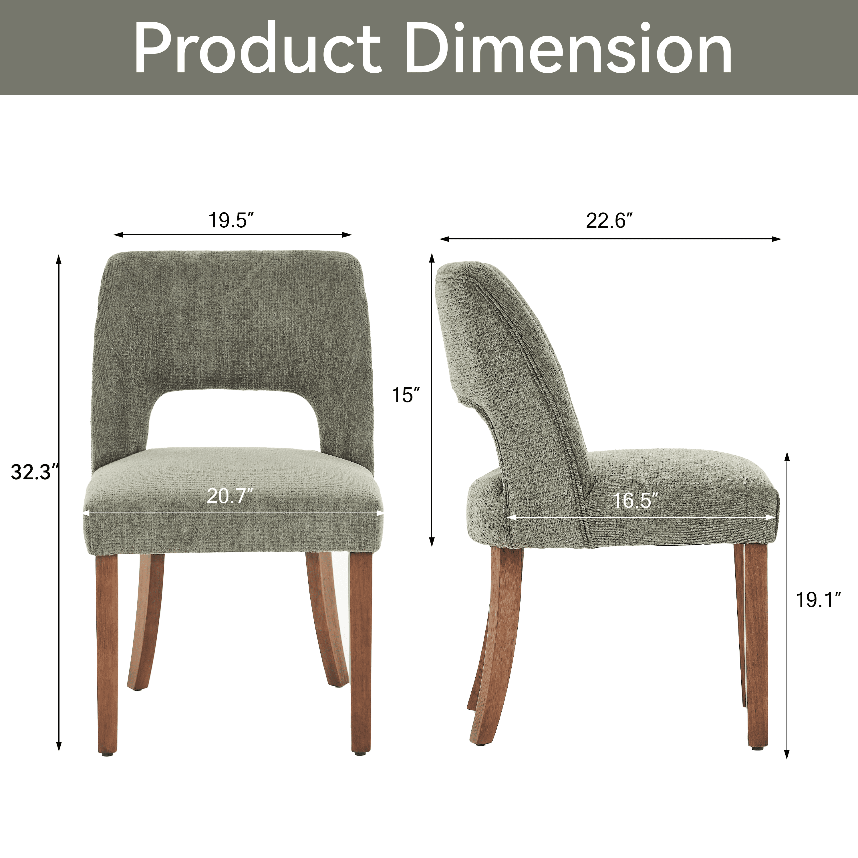 Vknow Furniture Set of 2 Chenille Dining Chairs, Mid-Century Modern Upholstered Kitchen Chairs with Cutout Back & Solid Wood Legs, Green