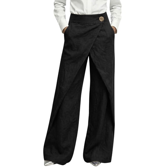 Admvng Womens Linen Pants Wrap Wide Leg Casual Summer Office formal Full Length Trousers with Pockets