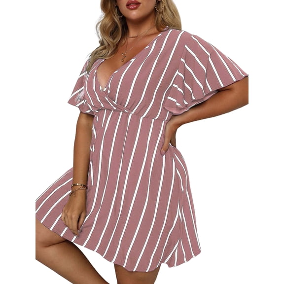 Women'S Plus Size Dress V Neck Short Sleeve Striped Smocked Waist A Line Short Summer Dress Pink L
