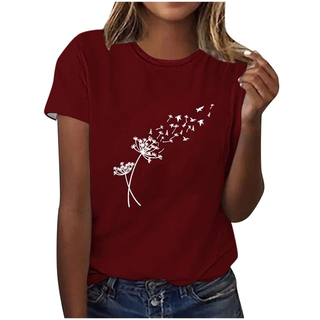 Tii.MM Hauts d'Été pour Femmes 2025 T-Shirt Graphique à Manches Courtes Col Ras du Cou T-Shirts à Imprimé Pissenlit T-Shirts Mignons Basiques