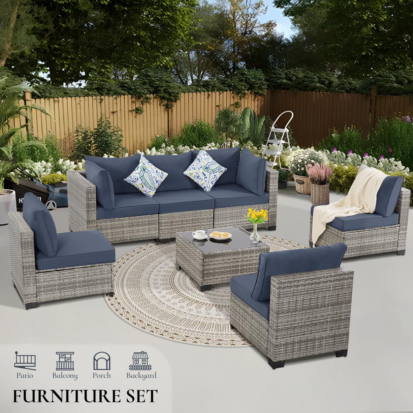 FHFO 7 Pieces Outdoor Patio Furniture Set, Outdoor Sectional Wicker Sofa with Thick Cushions All Weather Modular Rattan Conversation Couch for Outside Porch Garden Backyard Grey-Navy Blue