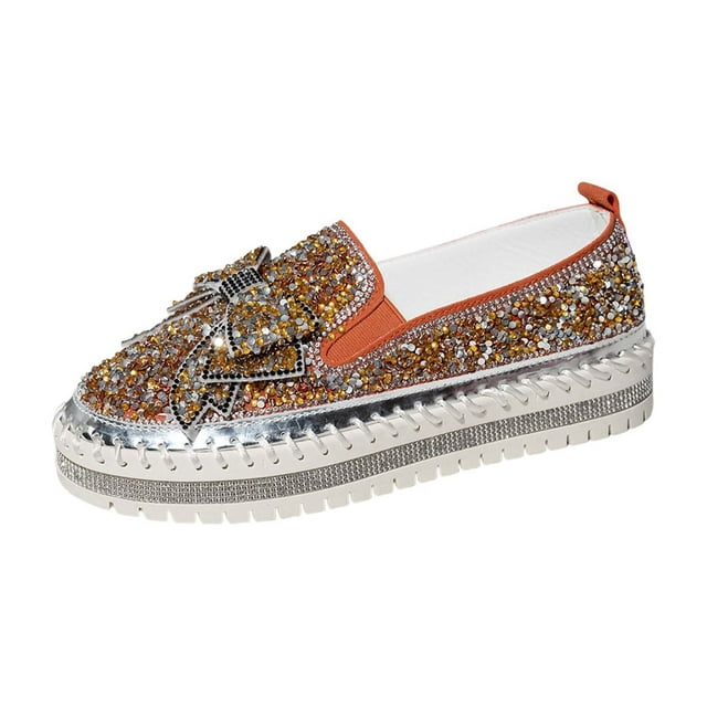 XIMIN Espadrilles à Enfiler pour Femmes à Plateforme avec Strass et Paillettes, Mignonnes avec Nœud, Plates pour la Marche, Mocassins Confortables en Toile Respirante, Couture à la Main, Plateforme, Chaussures Décontractées et Mode pour Robe