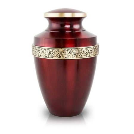 - Brass Memorial Urn For Adults - Large 200 Pounds - Crimson Red Floral Band - Custom Engraving Included