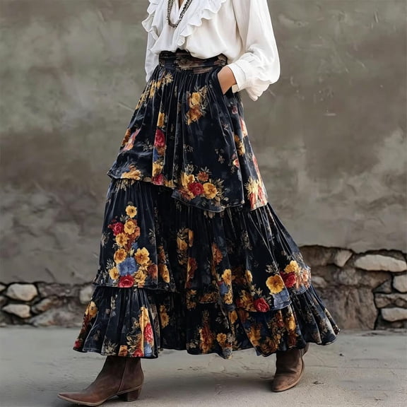 Bxsruta Womens Long Skirt Floral Velvet Tiered Pleated Boho Casual Maxi Skirt