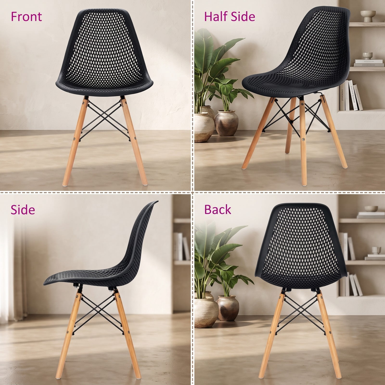 Furnibear Modern Plastic Dining Chair Set of 4, Mid-Century Hollow Kitchen Side Chairs with Solid Beech Wood Legs, Breathable Mesh Back, Waterproof Seat for, Black