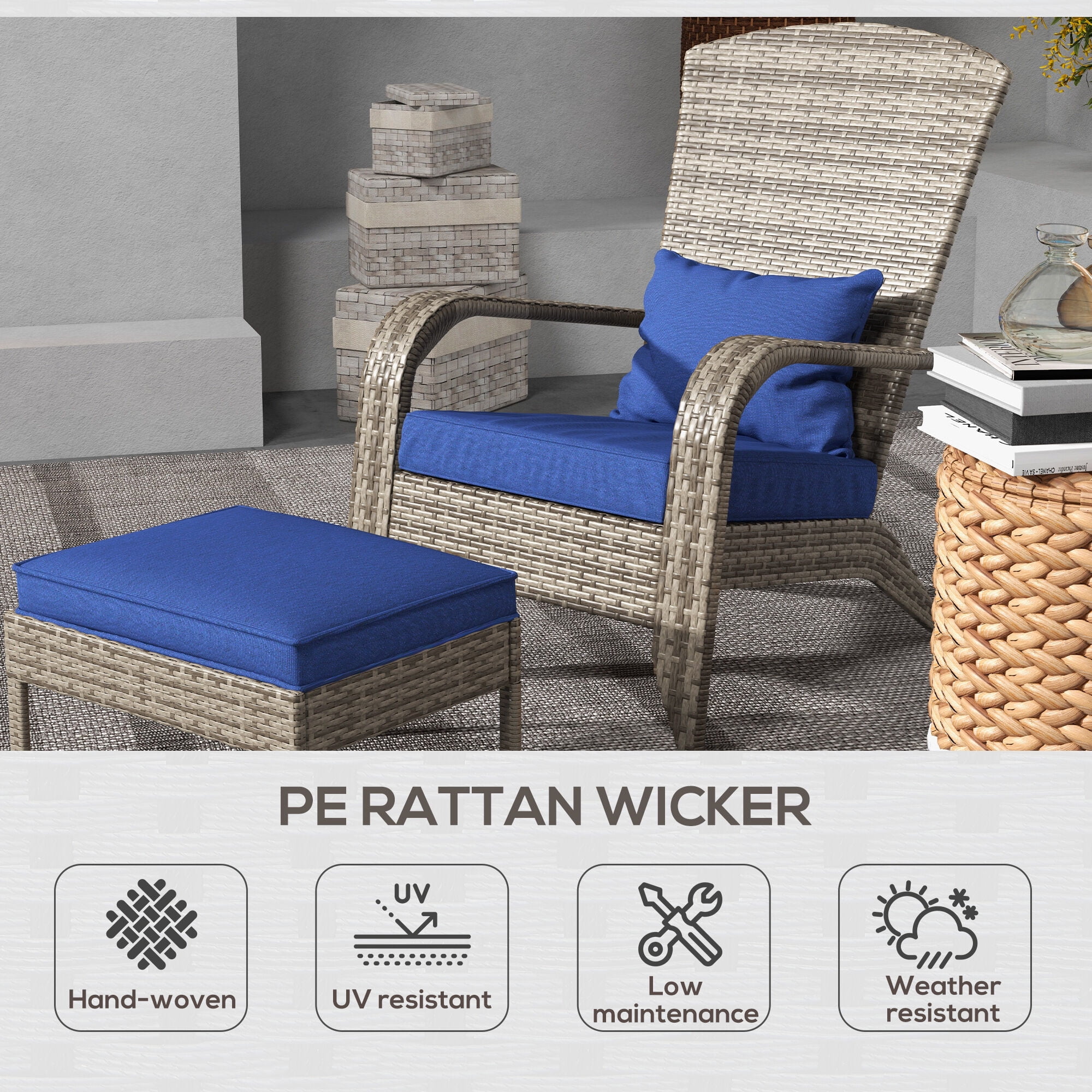 Patio Furniture Outsunny Patio Wicker Adirondack Chair with Ottoman, Outdoor Fire Pit Chair with Cushions, High-Back, Large Seat & Armrests for Deck, Garden & Backyard, Dark Blue,Patio Chairs