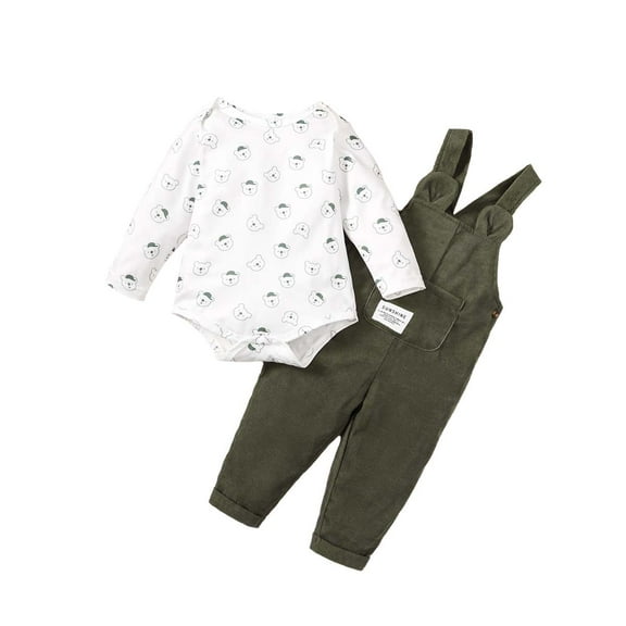 Kucnuzki 12 Months Baby Girl Winter Outfits Pants Sets 18 Months Long Sleeve Little Bear Prints Pull-Over Tops Suspender Overall Pants 2PCS Set Green