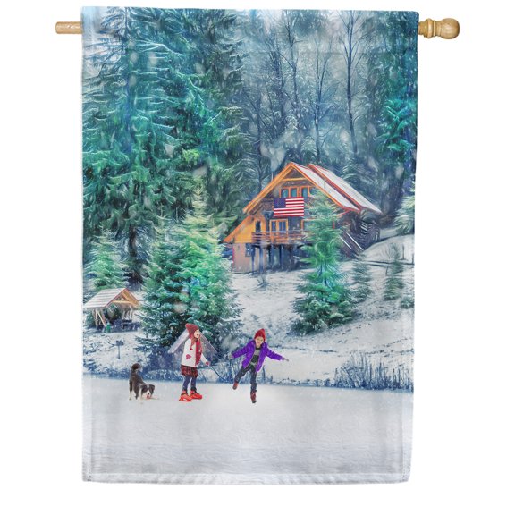 America Forever Winter Cabin House Flag Double Sided Vertical 28 x 40 inches for Outdoor, Yard, Porch Happy Holiday Welcome Winter Farmhouse Forest Family House DÃ©cor