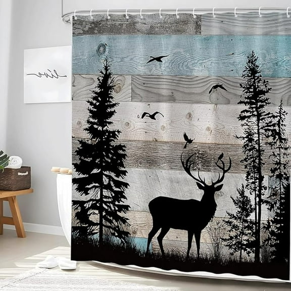 Rustic Forest Deer Shower Curtain Cabin Farmhouse Country Lodge Animal Hunting Camping Vintage Barn Wood Board Bathroom Decor Polyester Fabric Bath Curtain Set With Hooks 36"W x 72"L