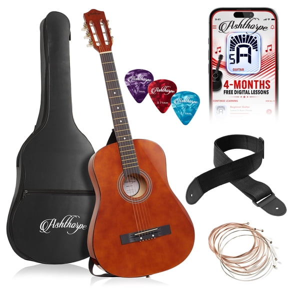 Ashthorpe 38-Inch Beginner Acoustic Guitar - Brown, Complete Starter Kit with Gig Bag, Extra Strings, Strap, and Lessons