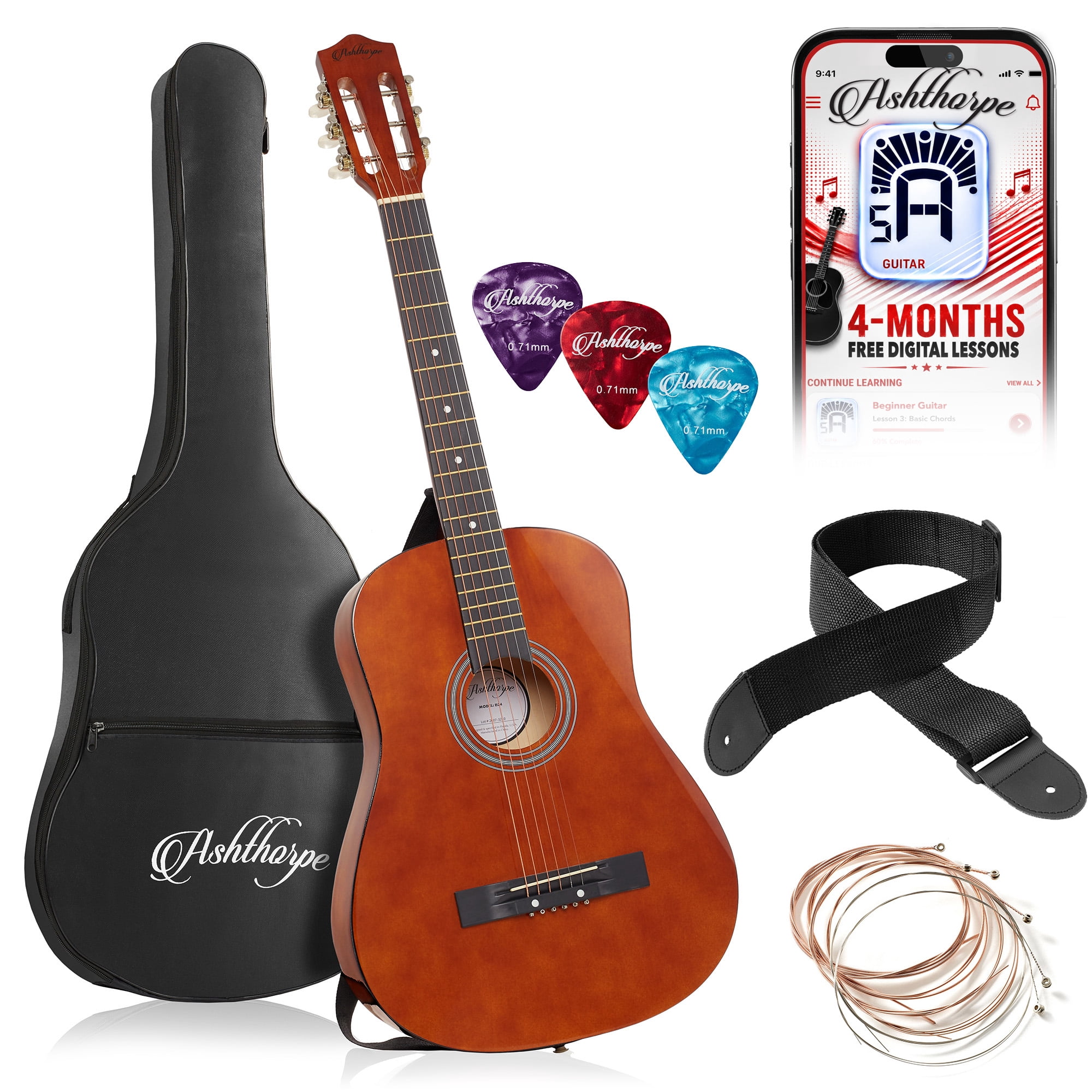 Ashthorpe 38-Inch Beginner Acoustic Guitar - Brown, Complete Starter Kit with Gig Bag, Extra Strings, Strap, and Lessons