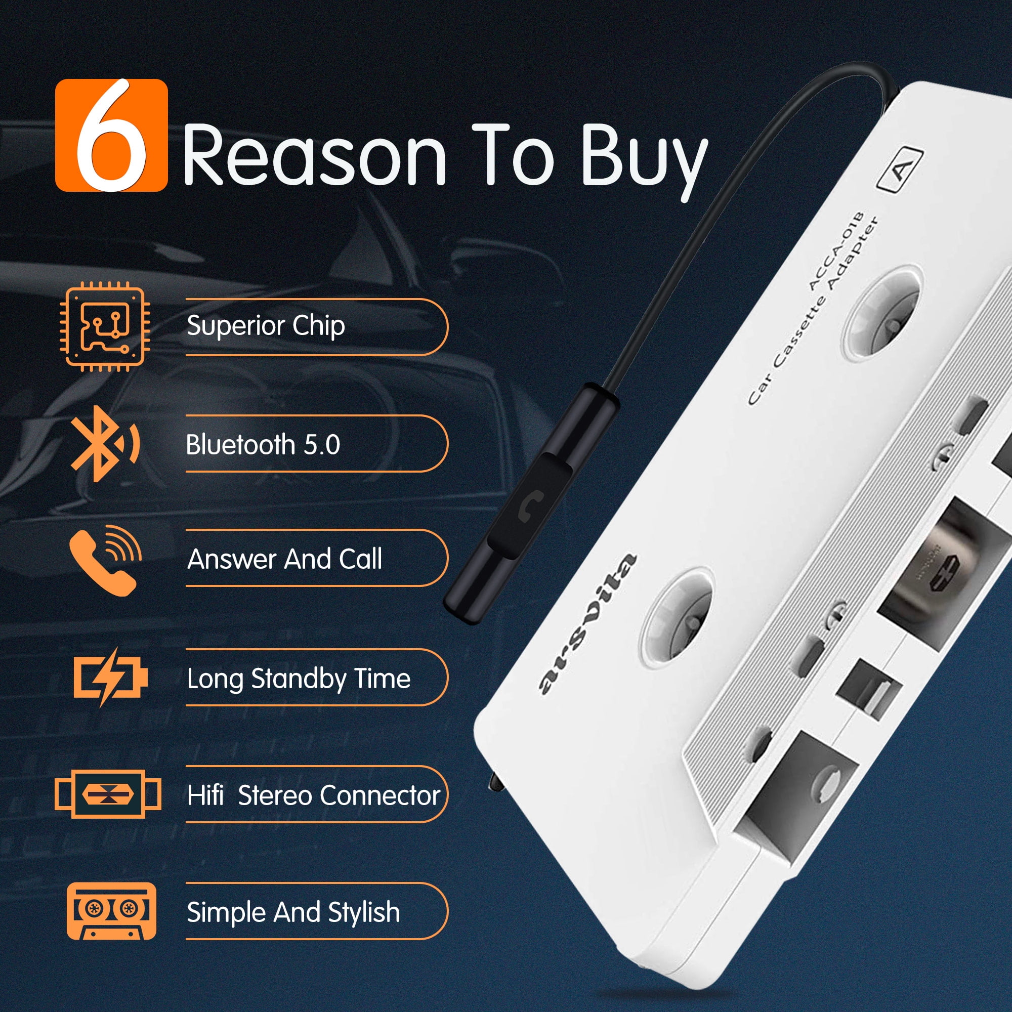 Arsvita Car Audio Bluetooth Cassette Receiver , Tape Player Bluetooth 5.0 Cassette  Aux Adapter 