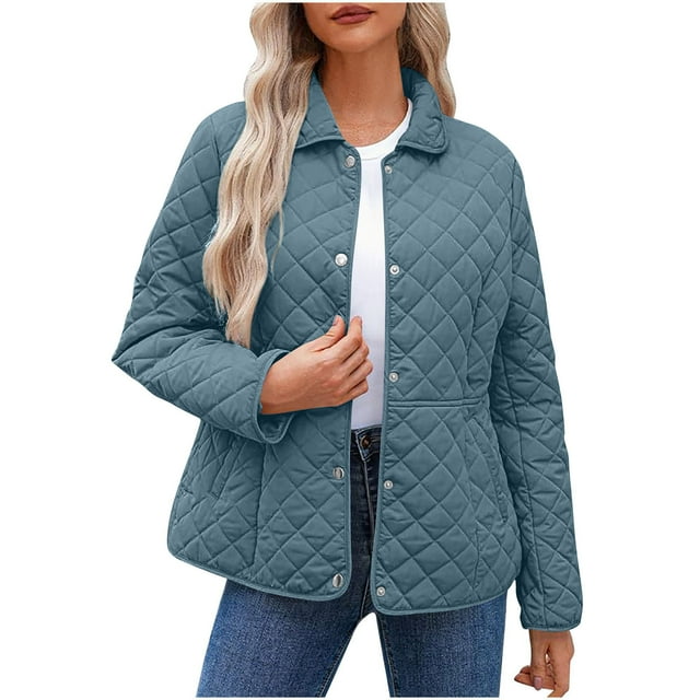 aohooy Quilted Womens Jacket Fall Lightweight Long Sleeve Button Down Diamond Puffer Jacket Outerwear Bomber Coats with Pockets Blue,S
