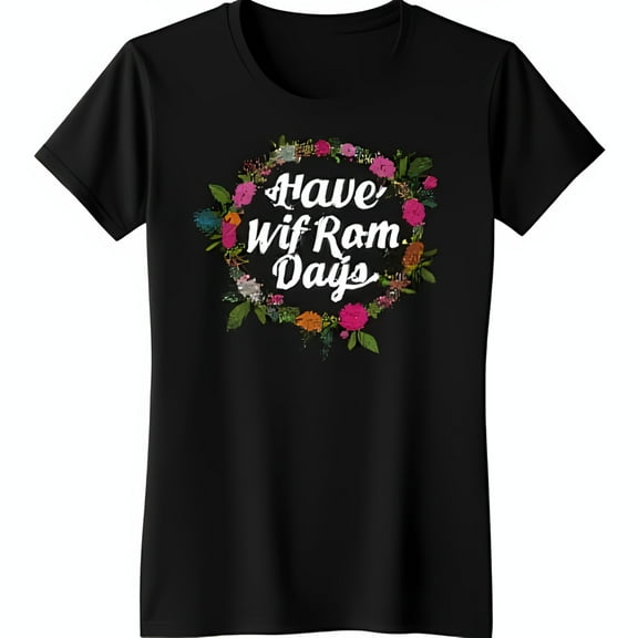 Floral Wreath Graphic Black T-Shirt 'Have Rom Days' Design