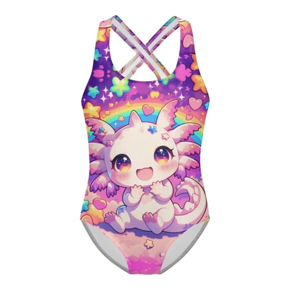 JAJAHO Girls Athletic Swimsuit For Kids One Piece Bathing Suit Cross-Back Cartoon Printed Full Coverage Beachwear For Girls 5-14 Years Casual Swimwear