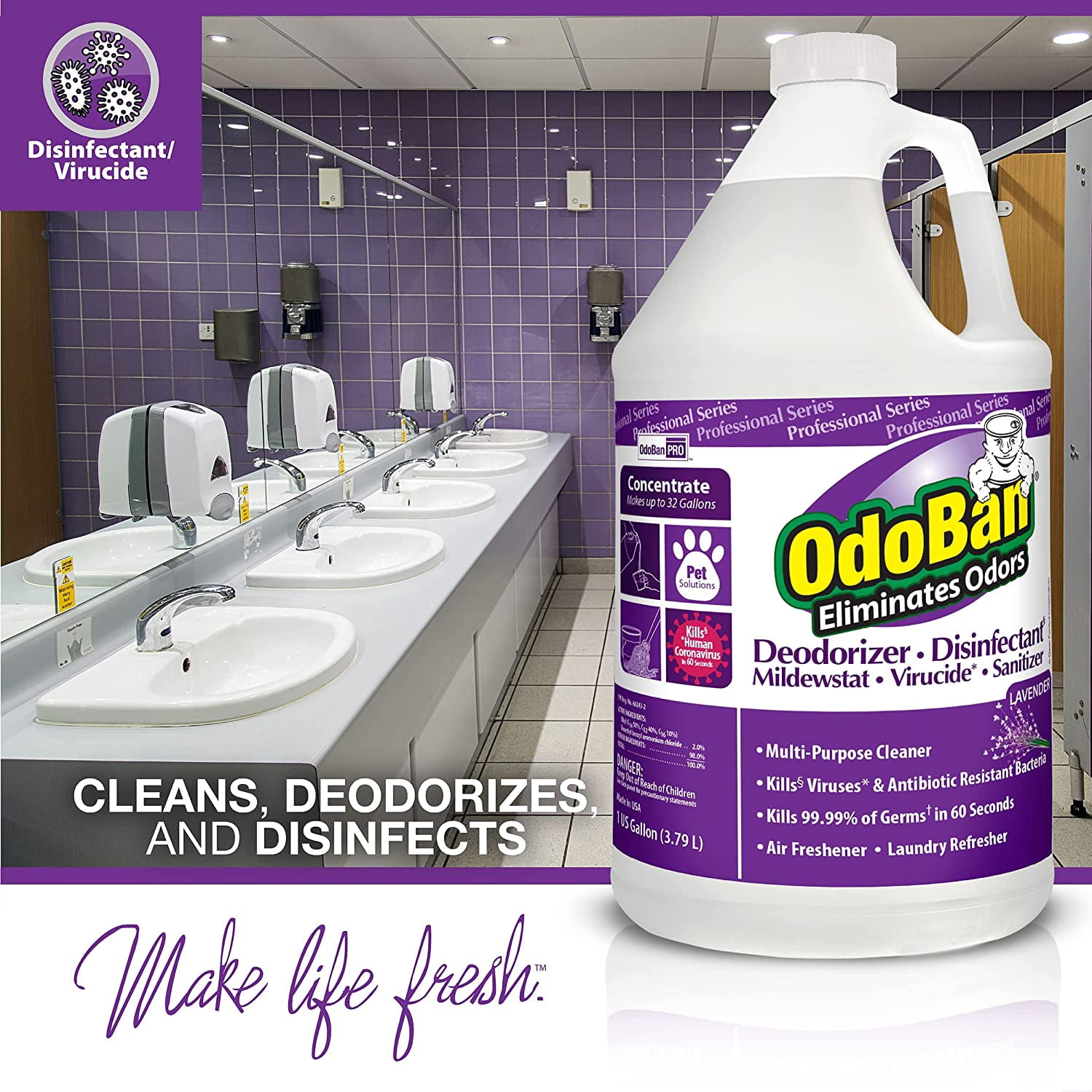 OdoBan Professional Disinfectant and Odor Eliminator Concentrate, Lavender Scent, 4 Gallons