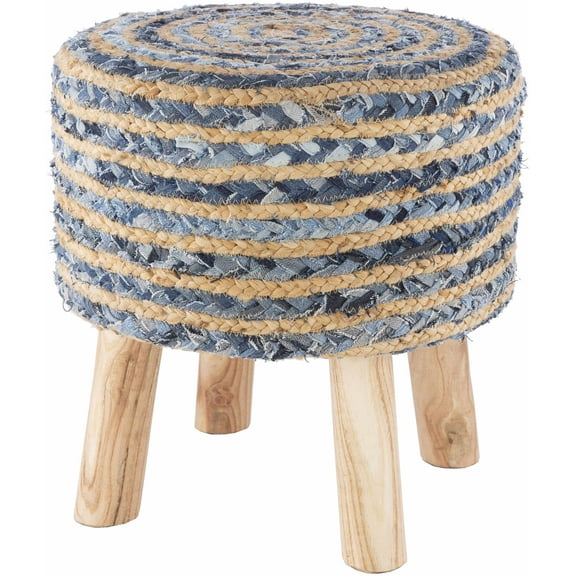 Hauteloom Fermont Hand Made Ottoman Pouf - Bohemian Jute and Wood Stool - Foot Stool Natural Seagrass - Rattan Furniture Piece - Blue, Navy, Beige - 16" h x 16" w x 16" d