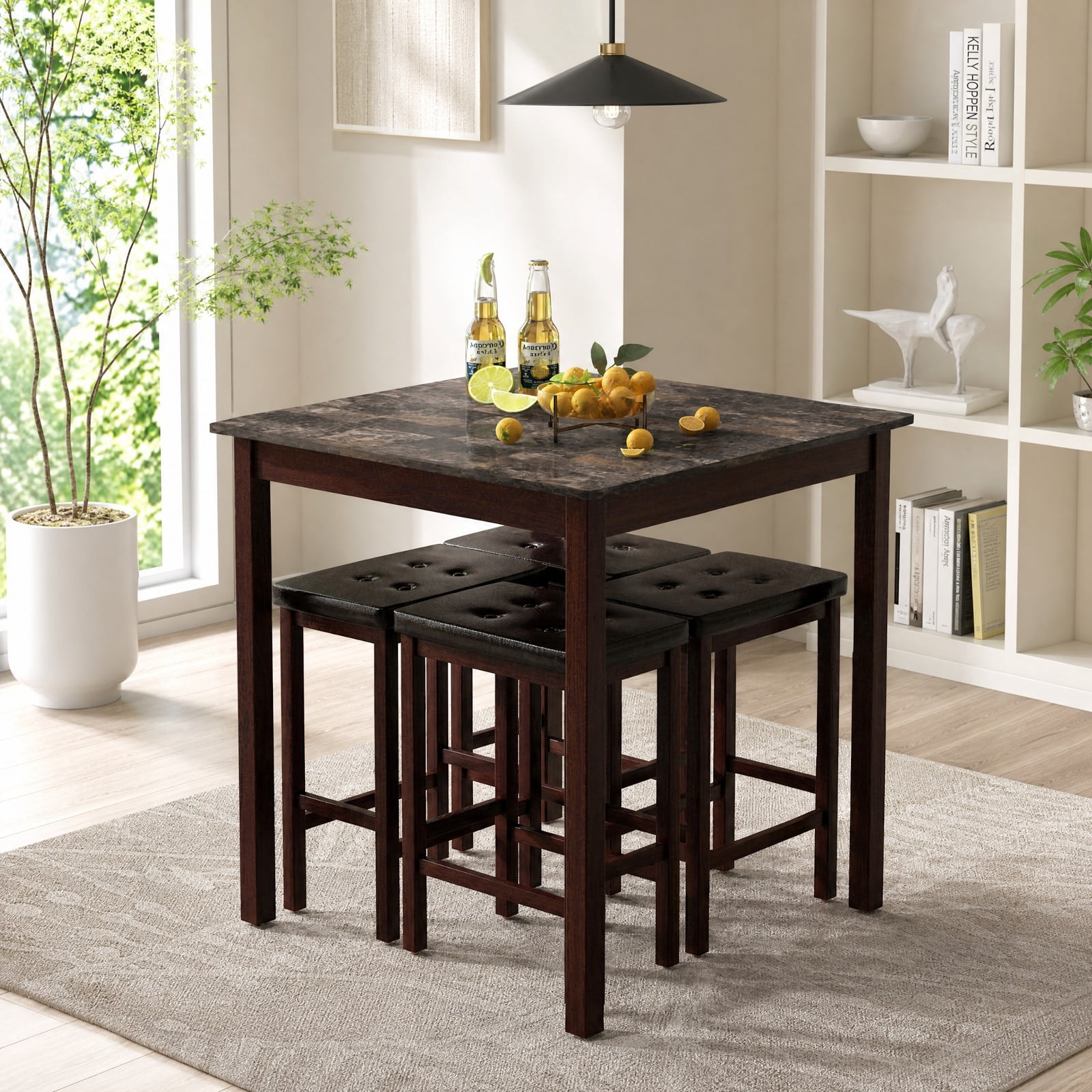 Furnibear 5 Piece Counter Height Bar Table Set with Dining Table and 4 Bar Stools with Rubber Wood Legs for Kitchen Breakfast Nook Seating, Brown