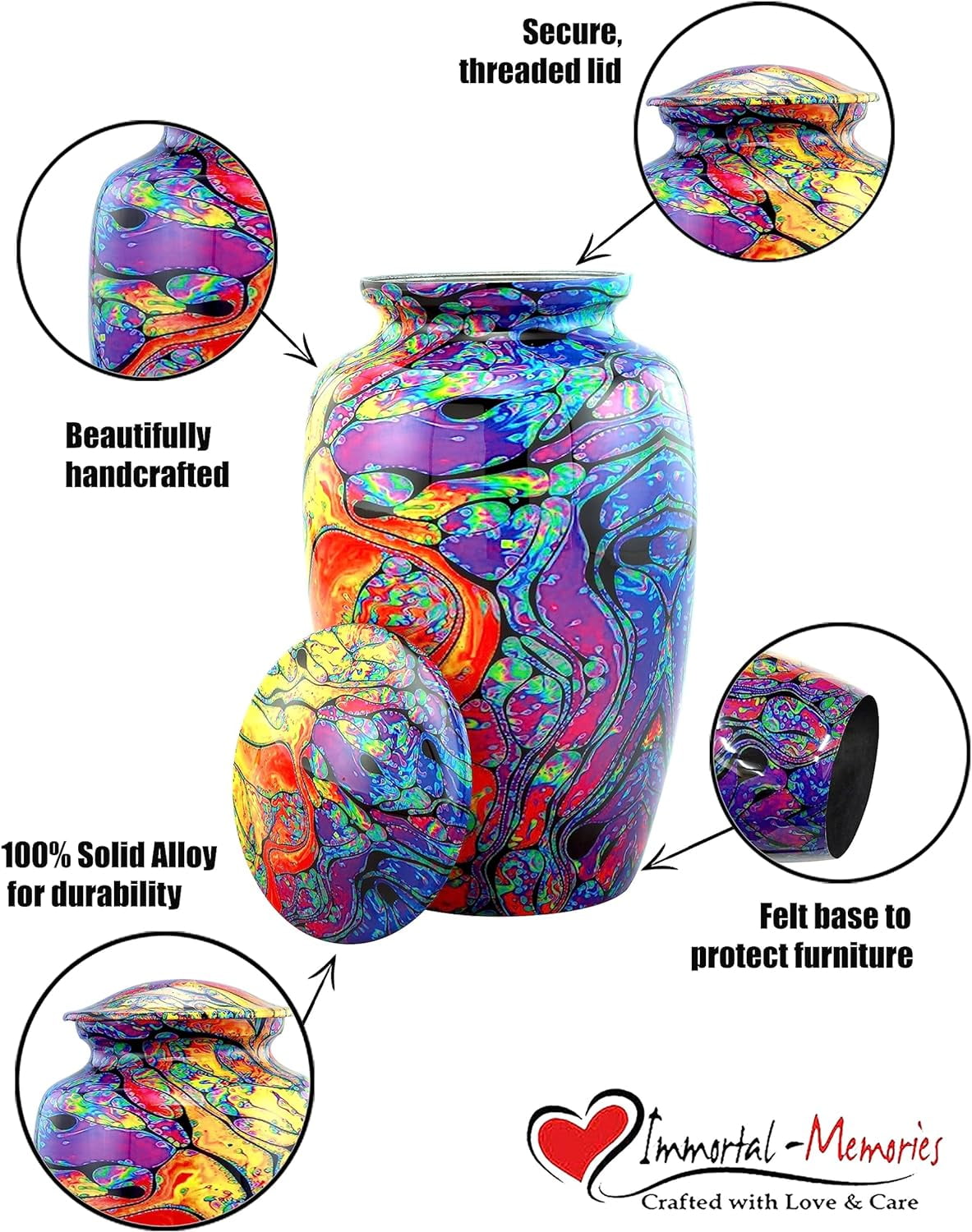 Modern Print Urn - Colorful Cremation Urn for Ashes - Handcrafted Tie Dye Urn - Funeral and Memorial Cremation Urn for Human Ashes with Velvet Bag (Large)