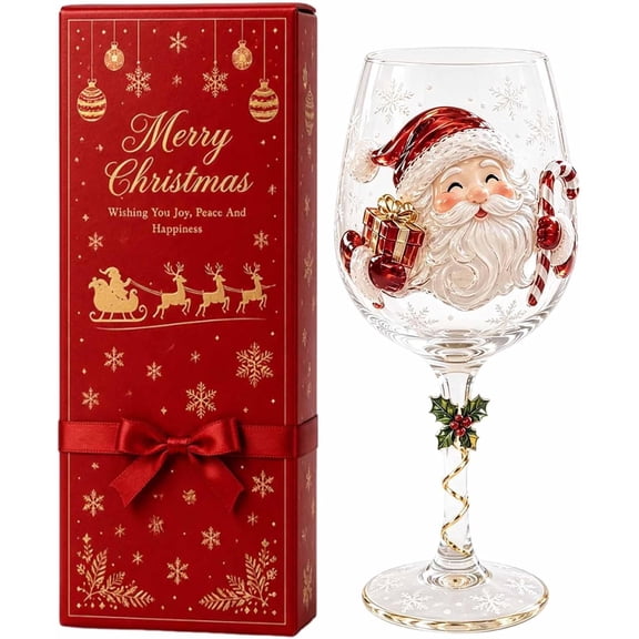 Christmas  3D Wine Glass Collection Gift Box Set, Hand-Painted Santa Christmas Wine Glass, 3D Relief Raised Goblet with Snowflake Decor, Festive Glassware for Wine, Cocktails, Christmas Decor