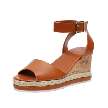 

Lovskoo 2024 Women s Wedge Espadrille Sandals Summer Open Toe Vintage Casual Wedges Buckle Ankle Strap Sandals Brown