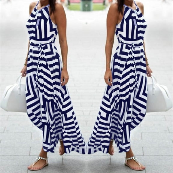 Summer Xqxayjr Women Summer Sleeveless Wedding Guest Dresses Under $10 Plus Size Flowy Ruffle Hem Boho Halter Maxi Long Sun Dress Stripe Trendy Spring Work Dresses Mothers Day Gifts