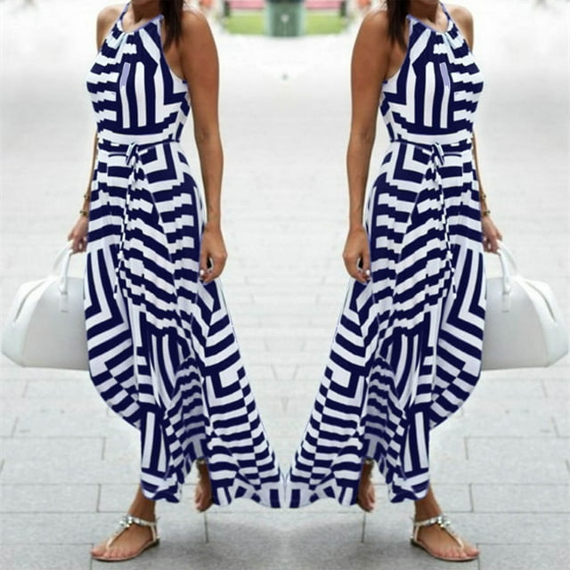 Staron Robe Femme à Bretelles Spaghetti Vacances Bohème à Rayures Robes Soirée Fête à Volants Fluide Boho Maxi Sans Manches Longue Robe d'Été