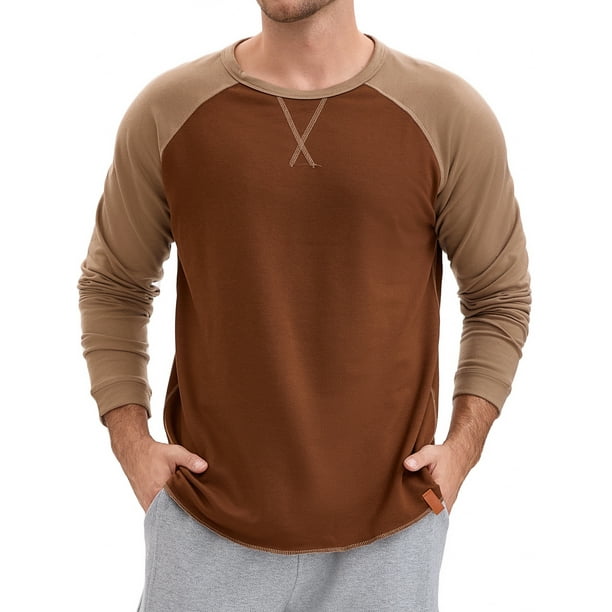 Camiseta de manga larga para hombre, color bloque, casual, tipo raglán, L, marrón, caqui