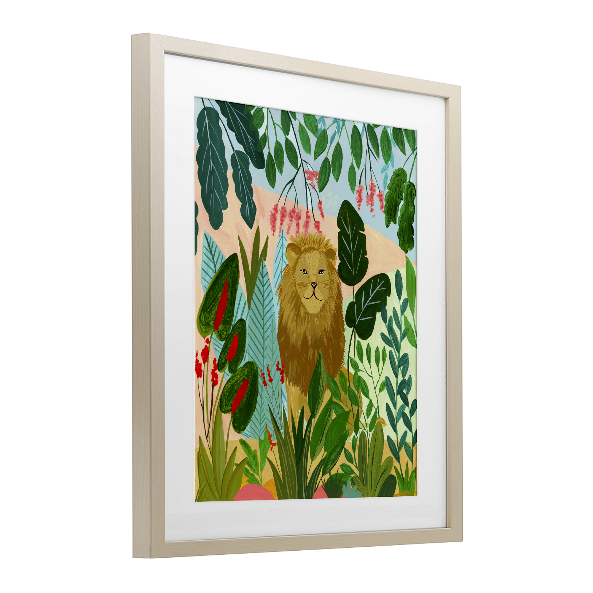 Stoic Lion Tropical Forest Birch Framed Print Under Glass, design by Nabeela Rumi