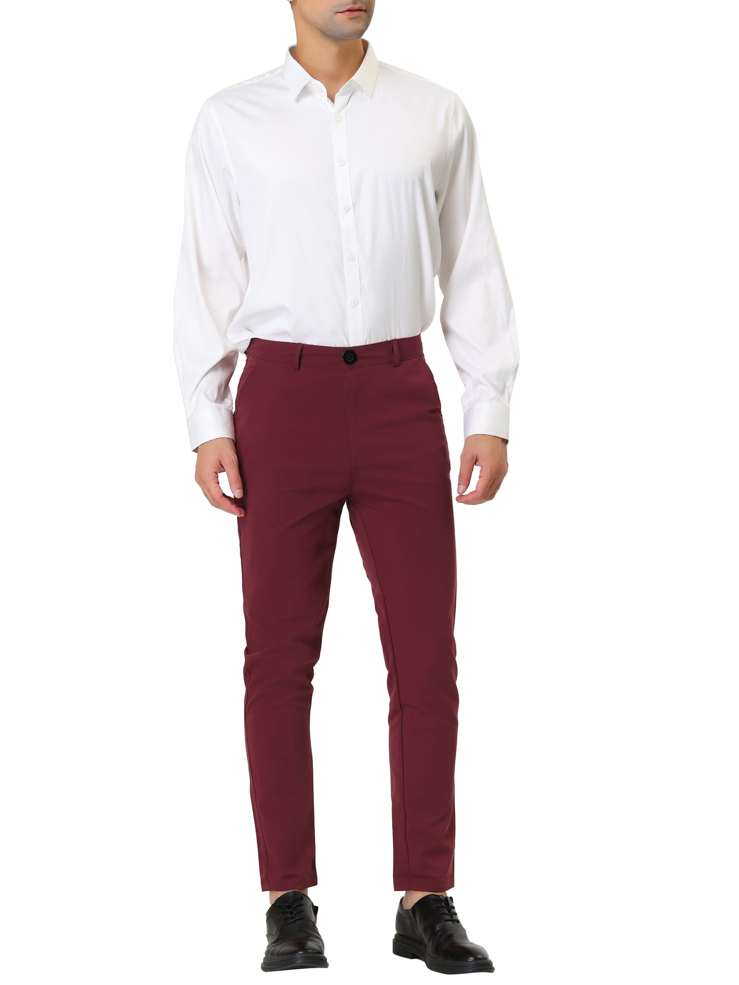 Unique Bargains Men's Slim Fit Flat Front Solid Color Business Chino Trouser 38 Burgundy