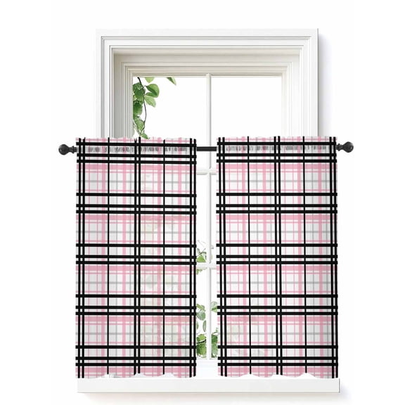 Pink Black Plaid Tier Curtains 45 Inch Length,Sheer Curtains for Bedroom Living Room Window Farmhouse Pink Black Checkered Rod Pocket Drapes Kitchen Curtains Small Half Window 27.5"x45" 2 Panels