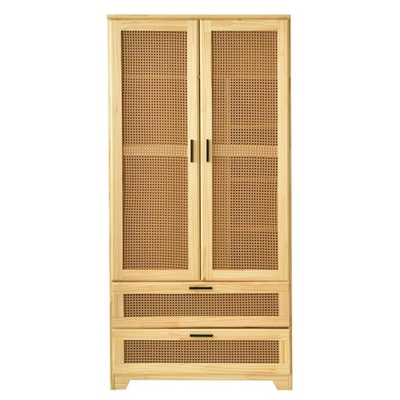 Better Home Products Stylish Pine Wood Closet with Rattan Doors and Two Drawers for Easy Access