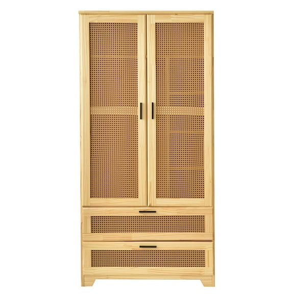 Better Home Products Stylish Pine Wood Closet with Rattan Doors and Two Drawers for Easy Access