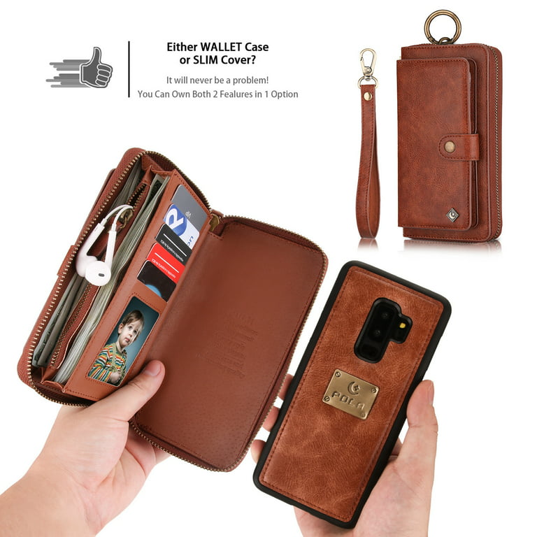 Galaxy S9 Plus Wallet Detachable Case, Dteck [wrist band][14 Card Slots]  Zipper Purse Phone Case Multi-functional Folio Flip PU Leather Removable  Magnetic Back Cover For Samsung Galaxy S9+,Brown 