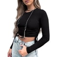 thumbnail image 2 of Fridja Womens Cute Crop Tops Long Sleeve Drawstring Ruched T-Shirts Slim Top, 2 of 8