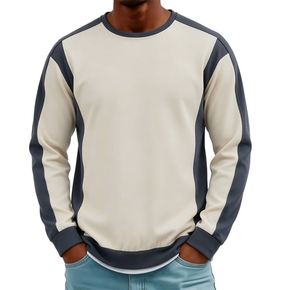WIZUTIZ Men's Long Sleeve T-Shirt Two-Tone Color Block Crew Neck Loose Fashion Top Polyester Breathable Relaxed Fit for Spring Fall Casual Daily Wear Mens Fashion