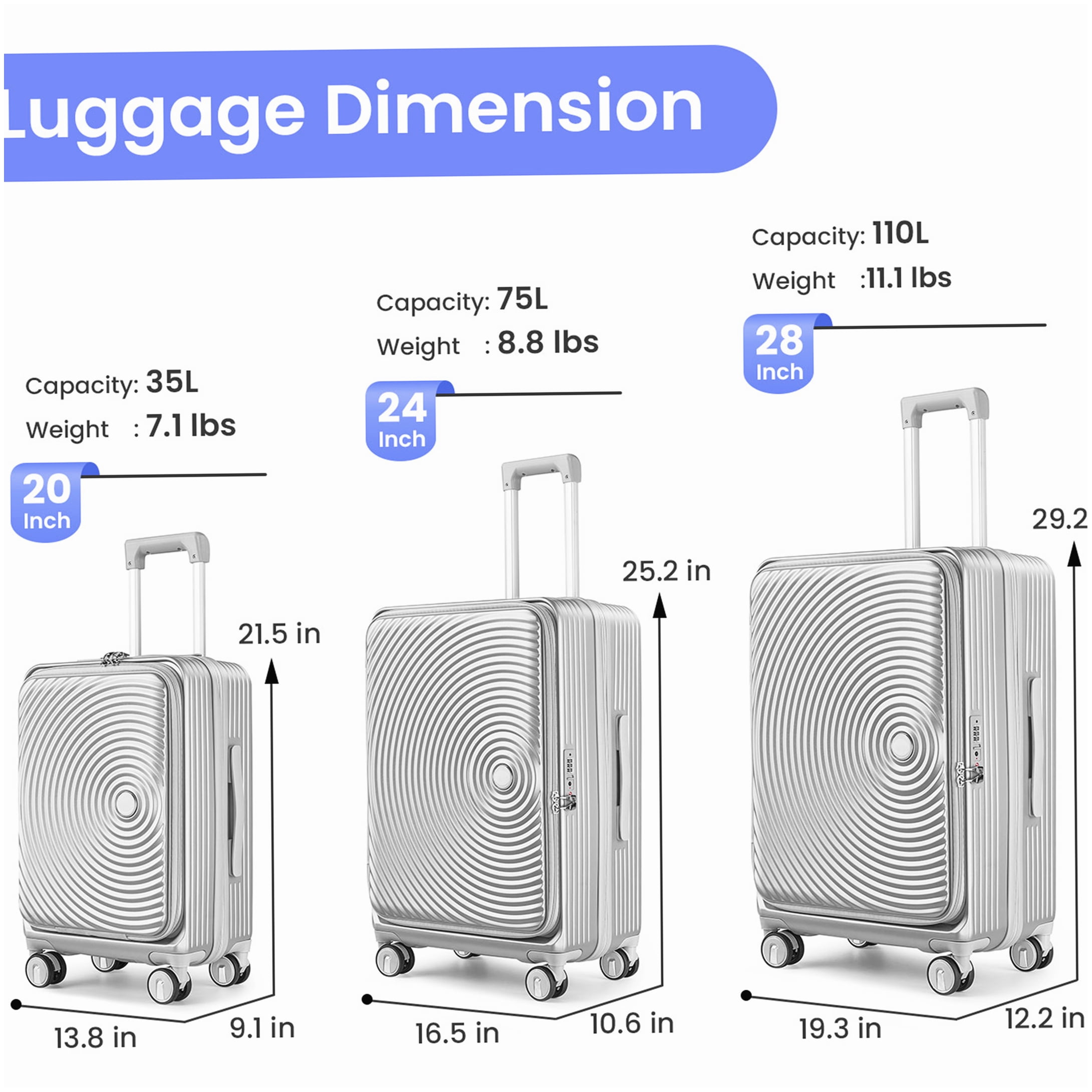 Expandable Lightweight Hardside Luggage 3-Piece Set with Spinner Wheels, TSA Lock & Laptop Sleeve, Silver