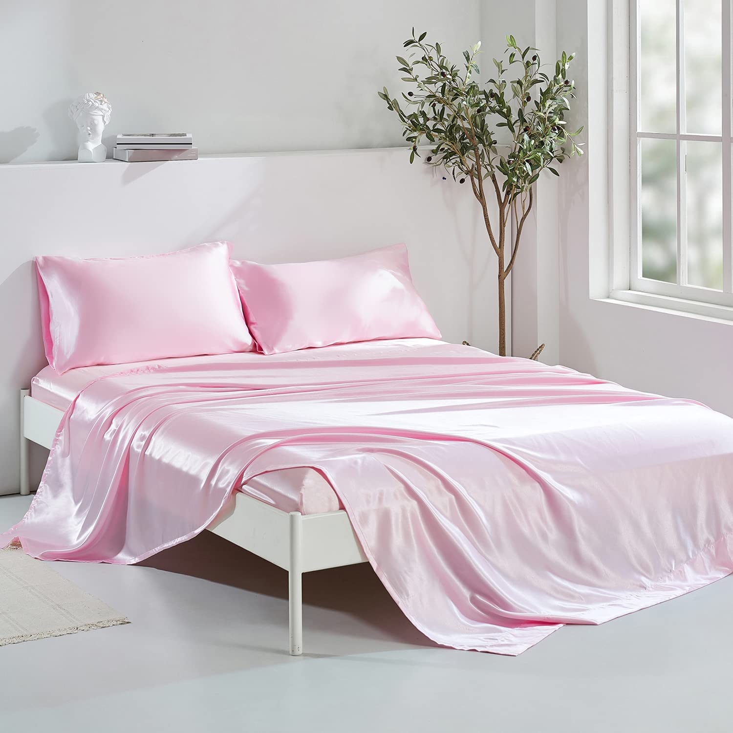 ANMINY Satin Sheets Full Silk Sheets Light Pink Bed Sheet Set Deep