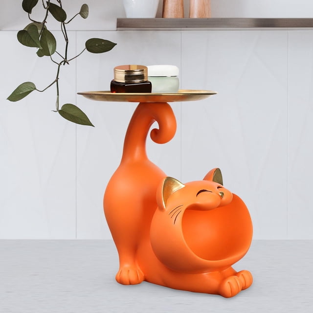 Lucky Cat Estatua Joyería Baratija Bandeja Novedad Ornamento Decorativo Artesanía Organizador de escritorio Caja de almacenamiento para Oficina Sala Naranja Macarena Titular de la llave de la estatua